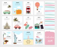 Gullig månatlig kalender 2019 med stranden, hav, skåpbil, staty av frihet royaltyfri illustrationer Gullig månatlig kalender 2019 med stranden, hav, skåpbil, staty av frihet royaltyfri illustrationer