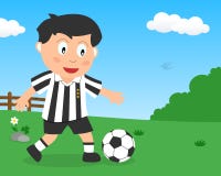 Gullig pojke som spelar fotboll i parkera vektor illustrationer Gullig pojke som spelar fotboll i parkera vektor illustrationer