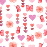 Gullig sömlös modell för vattenfärg med blommor, hjärtor och fjärilar i rosa, röda och violetta färger royaltyfri illustrationer Gullig sömlös modell för vattenfärg med blommor, hjärtor och fjärilar i rosa, röda och violetta färger royaltyfri illustrationer