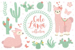 Gulliga lamauppsättningobjekt Samlingsdesignbeståndsdelar med laman, kaktus, älskvärda blommor bakgrund isolerad white royaltyfri illustrationer Gulliga lamauppsättningobjekt Samlingsdesignbeståndsdelar med laman, kaktus, älskvärda blommor bakgrund isolerad white royaltyfri illustrationer