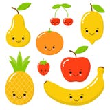 Gulliga ljusa färger av fruktvektorsamlingar Ställ in av frukter är äpplet, citronen, bananen, apelsinen, ananas, mandarin vektor illustrationer Gulliga ljusa färger av fruktvektorsamlingar Ställ in av frukter är äpplet, citronen, bananen, apelsinen, ananas, mandarin vektor illustrationer