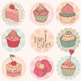Gulligt kort med Cakes och efterrätter vektor illustrationer Gulligt kort med Cakes och efterrätter vektor illustrationer