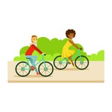 Guy And Girl Riding Bicycles del av folk i parkeraaktivitetsserien stock illustrationer Guy And Girl Riding Bicycles del av folk i parkeraaktivitetsserien stock illustrationer