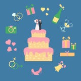 Gâteau avec la statuette du marié et de la jeune mariée Épousez les icônes illustration libre de droits Gâteau avec la statuette du marié et de la jeune mariée Épousez les icônes illustration libre de droits