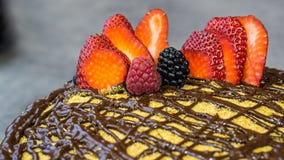 Gâteau mousseline sur le chocolat et le fruit supérieurs photo libre de droits Gâteau mousseline sur le chocolat et le fruit supérieurs photo libre de droits