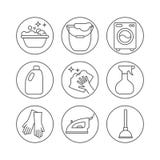 Göra ren washlinje symboler Tvagningmaskin, svamp, golvmopp, järn, dammsugare, skyffel och annan clining symbol Beställning i hus vektor illustrationer Göra ren washlinje symboler Tvagningmaskin, svamp, golvmopp, järn, dammsugare, skyffel och annan clining symbol Beställning i hus vektor illustrationer
