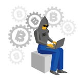 Hacker de computador que senta-se com portátil Engrenagens com bitcoins atrás ilustração stock Hacker de computador que senta-se com portátil Engrenagens com bitcoins atrás ilustração stock