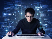 Hacker que programa no ambiente da tecnologia com ícones do cyber imagem de stock Hacker que programa no ambiente da tecnologia com ícones do cyber imagem de stock