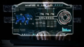 Hacker que usa o teclado com código de HUD da interface de utilizador para o ataque criminoso do cyber do cyber e conceito futuri ilustração do vetor Hacker que usa o teclado com código de HUD da interface de utilizador para o ataque criminoso do cyber do cyber e conceito futuri ilustração do vetor