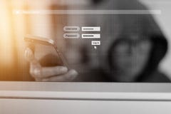 Hacker using smartphone and Log On Screen with a code digital. Cyber security concept stock images Hacker using smartphone and Log On Screen with a code digital. Cyber security concept stock images