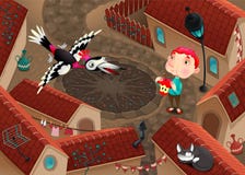 Hackspetten och pojken med äpplet stock illustrationer Hackspetten och pojken med äpplet stock illustrationer