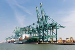 Hafen von Antwerpen mit Frachtschiffen machte am Kai mit großen Kränen fest Lizenzfreie Stockfotografie Hafen von Antwerpen mit Frachtschiffen machte am Kai mit großen Kränen fest Lizenzfreie Stockfotografie