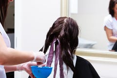 Hairdresser applying color female customer at salon, doing hair dye royalty free stock images Hairdresser applying color female customer at salon, doing hair dye royalty free stock images