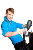 Hairdresser Man Drying With Hair Dryer On White Royalty Free Stock Photography Hairdresser Man Drying With Hair Dryer On White Royalty Free Stock Photography
