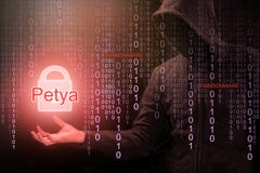 Hakker die Petya ransomware voor cyberaanval gebruiken stock fotografie Hakker die Petya ransomware voor cyberaanval gebruiken stock fotografie