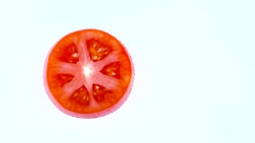 Half frame of a top view from above of a cross section of red tomato. Rotating on the turntable isolated on the white stock video Half frame of a top view from above of a cross section of red tomato. Rotating on the turntable isolated on the white stock video