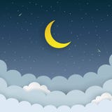 Half moon, stars, clouds, comet on the dark night starry sky background. Galaxy background with moon and shooting stars. stock illustration Half moon, stars, clouds, comet on the dark night starry sky background. Galaxy background with moon and shooting stars. stock illustration