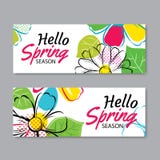 Hallo Frühlingsverkaufs-Fahnenschablone mit bunter Blume Sein können wir lizenzfreie abbildung Hallo Frühlingsverkaufs-Fahnenschablone mit bunter Blume Sein können wir lizenzfreie abbildung