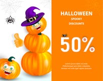 Halloween-Feiertagsverkaufsfahne oder -flieger Glücklicher orange Kürbis mit lustigem Monstergesicht und Hexenhut, der Daumen obe stock abbildung Halloween-Feiertagsverkaufsfahne oder -flieger Glücklicher orange Kürbis mit lustigem Monstergesicht und Hexenhut, der Daumen obe stock abbildung