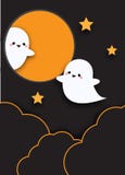 Halloween greeting card. Holiday banner with cute kawaii ghosts in night sky. Paper craft style Stock Illustration Halloween greeting card. Holiday banner with cute kawaii ghosts in night sky. Paper craft style Stock Illustration