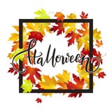Halloween handwritten calligraphic text banner with red autumn l Stock Illustration Halloween handwritten calligraphic text banner with red autumn l Stock Illustration