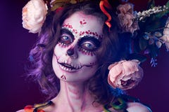 Halloween Make Up Sugar Skull Beautiful Model. Santa Muerte Concept. Royalty Free Stock Photos