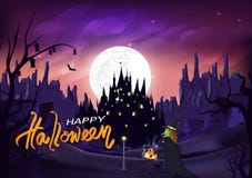 Halloween, paseo de la bruja y de gato en el camino a escudarse, magia y calabaza, Jack-O-linterna, escena de la noche de la silu libre illustration Halloween, paseo de la bruja y de gato en el camino a escudarse, magia y calabaza, Jack-O-linterna, escena de la noche de la silu libre illustration