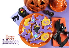 Halloween Plate Of Homemade Cookies As Centerpiece For Trick Or Treat Table. Royalty Free Stock Photos