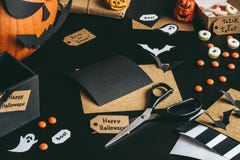 Halloween preparation. Halloween decoration made of craft paper stock photo Halloween preparation. Halloween decoration made of craft paper stock photo