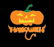 Halloween Pumpkins Logo, The orange freehand font of halloween with horn and tail, The orange pumpkins with yellow face and green stock illustration Halloween Pumpkins Logo, The orange freehand font of halloween with horn and tail, The orange pumpkins with yellow face and green stock illustration