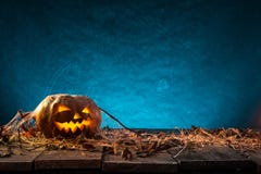 Halloween Pumpkins On Dark Blue Background Stock Images