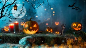 Halloween Pumpkins On Dark Spooky Forest. Stock Photo
