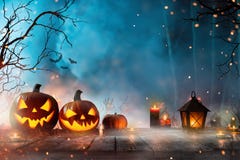 Halloween Pumpkins On Dark Spooky Forest. Stock Image