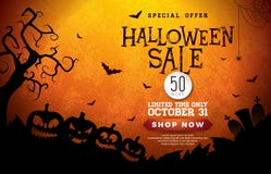 Halloween Sale banner illustration with pumpkins, cemetery and flying bats on orange background. Vector Holiday design royalty free illustration Halloween Sale banner illustration with pumpkins, cemetery and flying bats on orange background. Vector Holiday design royalty free illustration