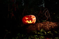 Halloween Scary and creepy pumpkin on a log in the darkness with stock photos Halloween Scary and creepy pumpkin on a log in the darkness with stock photos