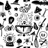 Halloween seamless black and white vector background with witch elements: spiders, poison, mushrooms, skulls. vector illustration Halloween seamless black and white vector background with witch elements: spiders, poison, mushrooms, skulls. vector illustration