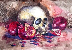 Halloween, skull. Painting wet watercolor on paper. Naive art. Drawing watercolor on paper. stock illustration Halloween, skull. Painting wet watercolor on paper. Naive art. Drawing watercolor on paper. stock illustration