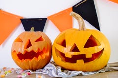Halloween themed image with carved pumpkins in house party environment. stock photography Halloween themed image with carved pumpkins in house party environment. stock photography