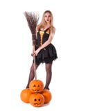 Halloween Witch With Pumpkin, Broom. Royalty Free Stock Photo