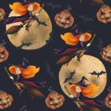 halloween Безшовная картина с ведьмой и луной и летучей мышью сказовая иллюстрация девушка на венике на синем иллюстрация вектора halloween Безшовная картина с ведьмой и луной и летучей мышью сказовая иллюстрация девушка на венике на синем иллюстрация вектора