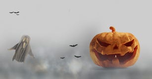 Halloweenowa bania 3d-illustration, duch i mgła royalty ilustracja Halloweenowa bania 3d-illustration, duch i mgła royalty ilustracja