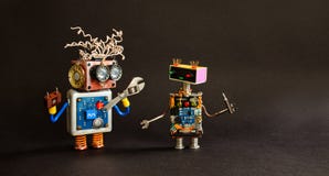 Halten Sie Arbeitswartungs-Plakatschablone instand Mecanical-Roboter spielt mit Handschlüsselschlüssel-Schraubenzieherwerkzeugen Lizenzfreies Stockbild Halten Sie Arbeitswartungs-Plakatschablone instand Mecanical-Roboter spielt mit Handschlüsselschlüssel-Schraubenzieherwerkzeugen Lizenzfreies Stockbild