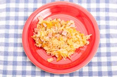 Ham and Cheese Hashbrowns on Red Plate