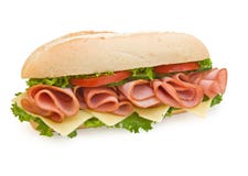 Ham & Swiss sub sandwich on white background