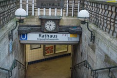 Hamburg. Entrance to the old station Rathaus of the city`s underground railway with old clocks and lamps stock images Hamburg. Entrance to the old station Rathaus of the city`s underground railway with old clocks and lamps stock images