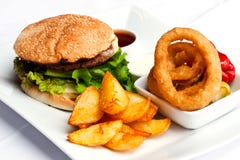 Hamburger meal. With onion rings Hamburger meal. With onion rings