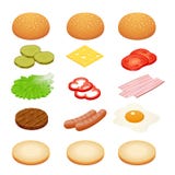 Hamburguer isométrico Ingredientes do hamburguer nos fundos brancos Ingredientes para hamburgueres e sanduíches Ovo frito, cebola ilustração stock Hamburguer isométrico Ingredientes do hamburguer nos fundos brancos Ingredientes para hamburgueres e sanduíches Ovo frito, cebola ilustração stock