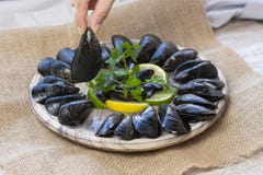 Hand die een verse mossel houden - beeld royalty-vrije stock fotografie Hand die een verse mossel houden - beeld royalty-vrije stock fotografie