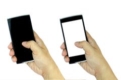 Hand die moderne smartphone met lege en zwarte het schermisola houden stock foto Hand die moderne smartphone met lege en zwarte het schermisola houden stock foto