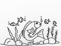 Hand drawing underwater world. Marine fish and plants isolated on a white background. Coloring for kids.